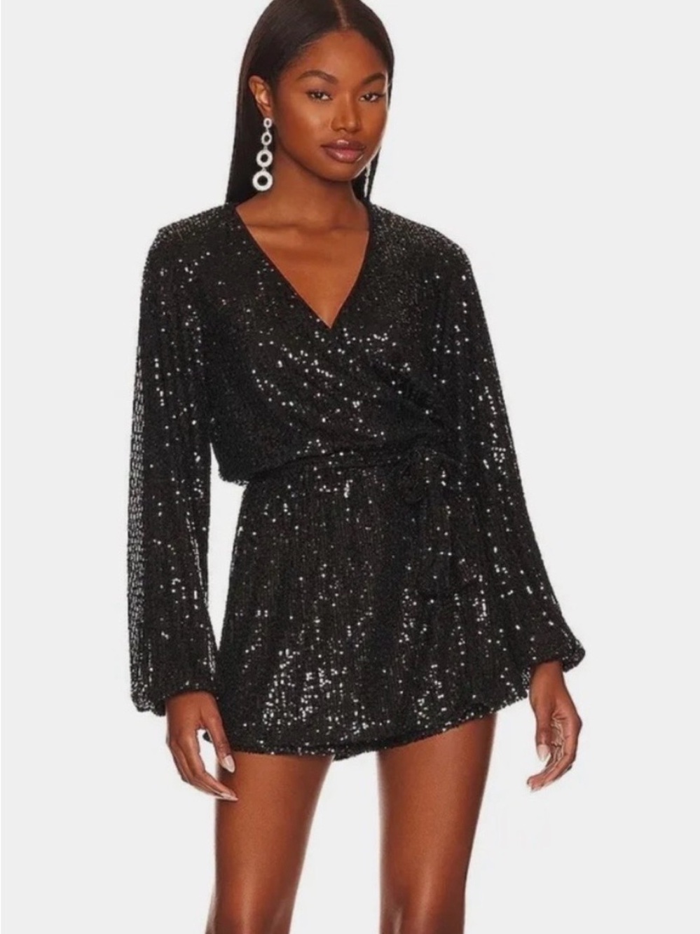 LN WOMENS SMALL (bust 38”) FREE PEOPLE CHRISTA BLACK SEQUIN ROMPER DEEP V-NECK